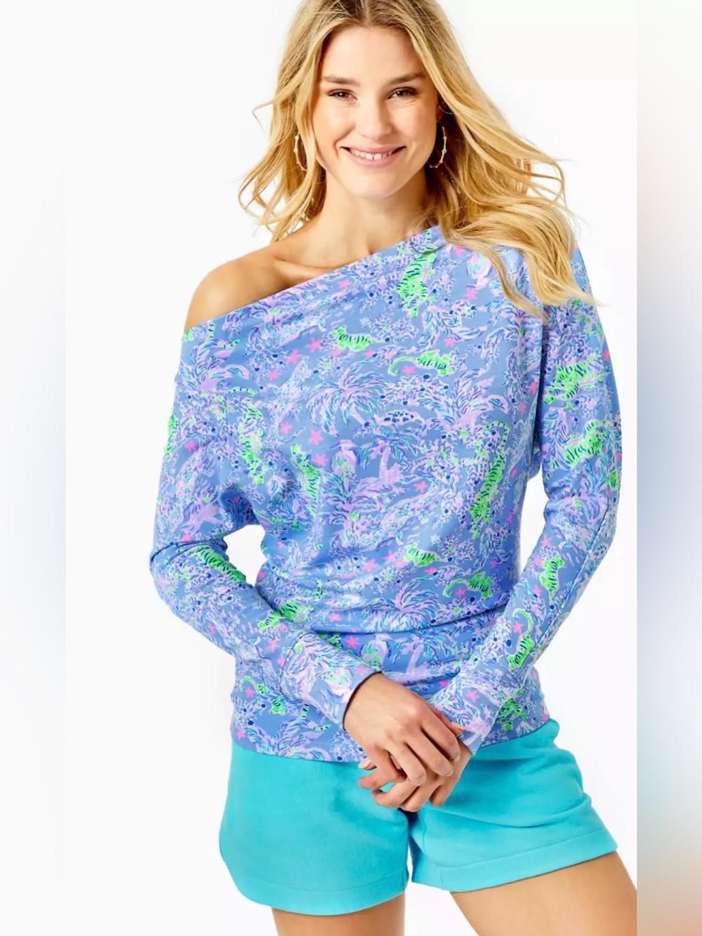 Lilly Pulitzer SHEERA One Shoulder TOP Blue Peri The Turtle Tiger Pink Green M